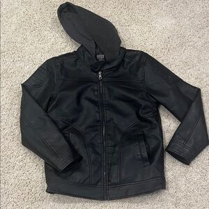 Ring of Fire Black Faux Leather Jacket with Gray Hood